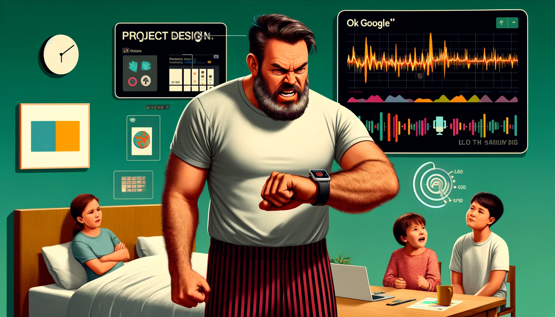 A-humorous-and-slightly-satirical-scene-depicting-a-man-with-a-smartwatch-looking-frustrated-while-his-smartwatch-displays-sleep-tracking-data, générée par Dall-E